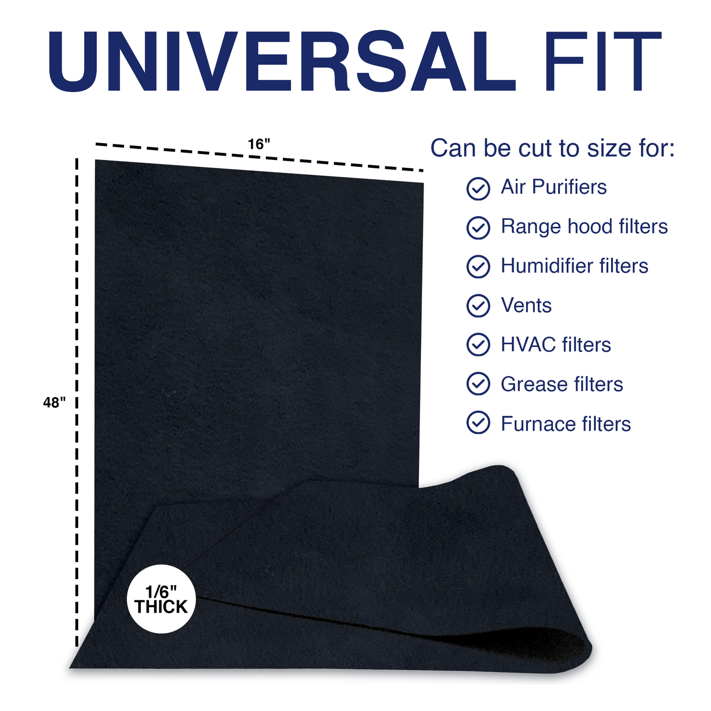 Cut To Fit Air Filter - Carbon Pad Pre Filter for Air Purifiers Furnace Filters, Trash Cans and Air Conditioner Filters, 1/6" thick, 16" x 48 - 1 Pack